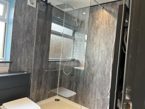 a bathroom with a glass shower with a toilet at Lovely independent 1-Bed Apartment in Freshwater in Freshwater