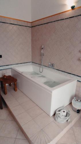 a bath tub in a bathroom with a tiled floor at LA CASA DEI MASUE' in Alba