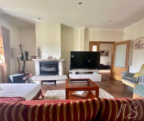 a living room with a couch and a television at CASA DA TIA ROSA in Fiscal