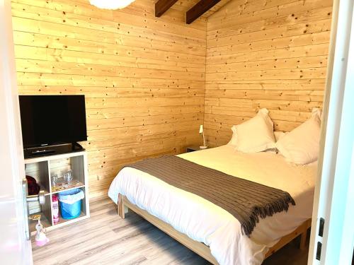 a bedroom with a bed and a flat screen tv at Casa Rural de Rafael Cabañas de Madera in Venturada