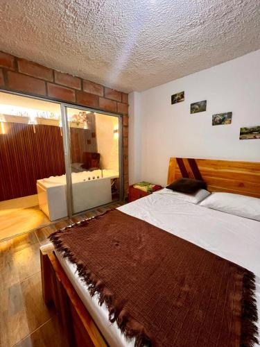 a bedroom with a bed and a large mirror at Hostal Vista Hermosa in San Rafael
