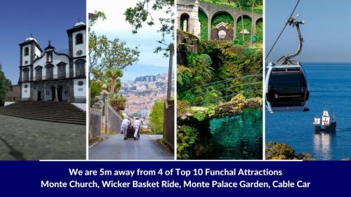 a collage of pictures of a building and the water at Studio Geek Villa - Open Space - 5m from 5 top attractions - Pool all year round, Dining Pergola, Barbecue - Funchal Matrix Holiday Home in Funchal