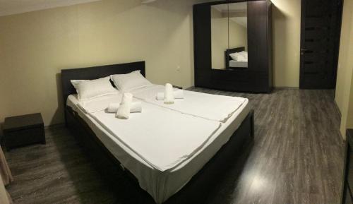 a large bed in a room with a mirror at Friendly House in Akhaltsikhe