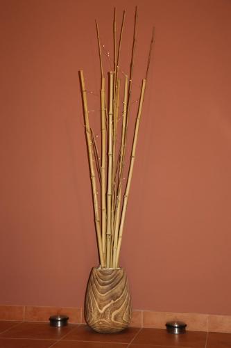 a vase with bamboo sticks in it on a table at Vila Pohoda - Apartmán s vonkajšou terasou a záhradou in Belonia