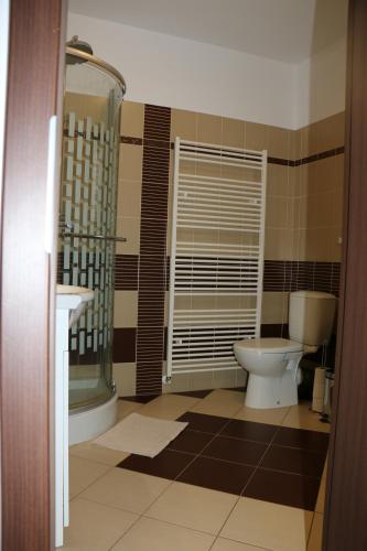 a bathroom with a toilet and a shower and a sink at Vila Pohoda - Apartmán s vonkajšou terasou a záhradou in Belonia
