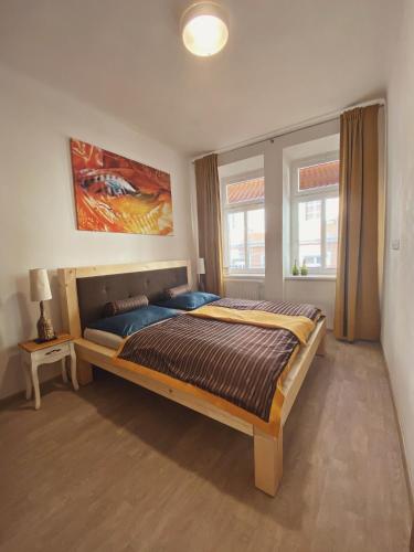 - une chambre avec un grand lit et 2 fenêtres dans l'établissement Apartmán Sirius B, à České Budějovice