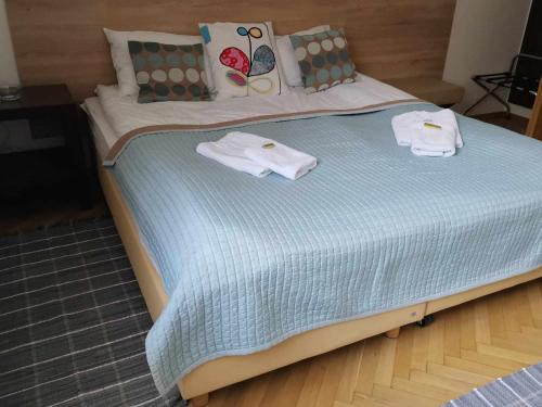 a large bed with towels on top of it at Eisenerzer Apartments - Radmeisterhaus in Eisenerz