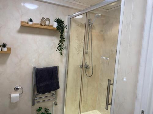 een douche in een badkamer met een glazen douchecabine bij The Haven 2 night minimum in Torpoint