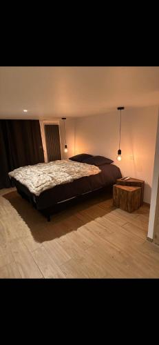 une chambre avec un grand lit et une table dans l'établissement suite l'hallali du cerf, à Besançon