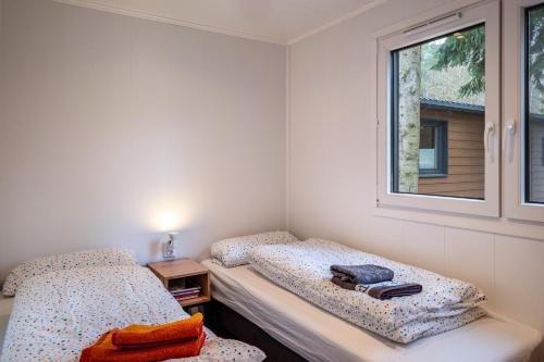 two beds in a room with a window at Haus Zander in Lohmen
