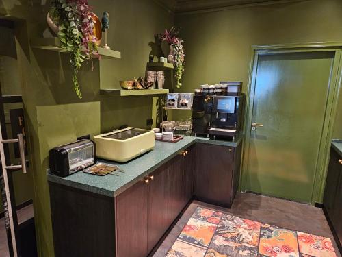 a kitchen with a counter with a sink and a microwave at Valkenhof in Valkenburg
