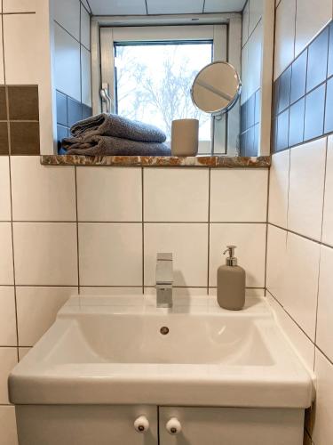 a bathroom with a white sink and a mirror at Kungshagagård in Höllviken