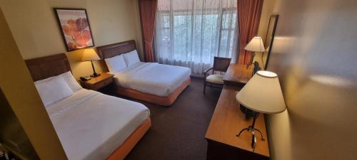ein Hotelzimmer mit 2 Betten und einem Schreibtisch in der Unterkunft PRIVATE unit CAMP JOHN HAY MANOR in Baguio City