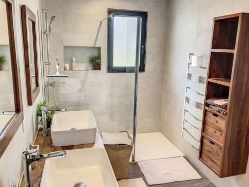 une salle de bain avec un lavabo et une douche en verre dans l'établissement Magnifique Villa Piscine, Salle Cinema Est Toulouse, à Sainte-Foy-dʼAigrefeuille