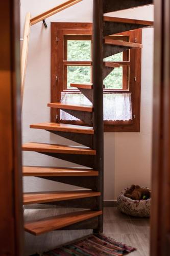 a wooden staircase in a room with a window at Ujastraba in Východná