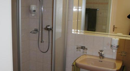 La salle de bains est pourvue d'une douche, d'un lavabo et d'un miroir. dans l'établissement Motel - Hôtel La Poularde, à Romont