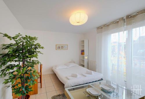 a white room with a bed and a potted plant at Le Triumph 2 / Halle de Tours in Tours