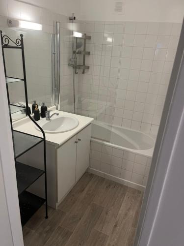 une salle de bain avec un lavabo, une douche et une baignoire dans l'établissement Charmant studio, à Franconville