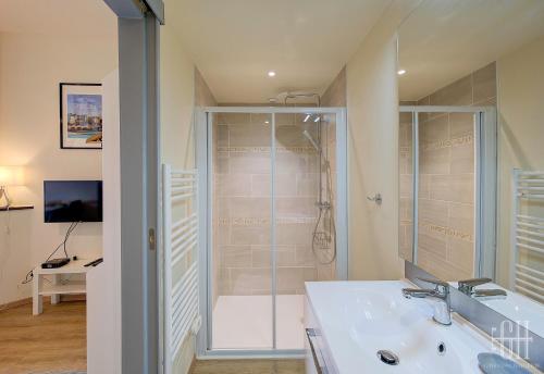 La salle de bains est pourvue d'une douche et d'un lavabo blanc. dans l'établissement Le Vinci / Proche Château D'Amboise, à Amboise