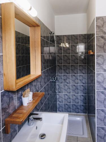 une salle de bain avec un lavabo et une douche dans l'établissement Hôtel et Résidence Benista, à Monticello