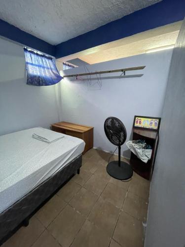 a bedroom with a bed and a fan in it at Celi’s Ocean Apartment in Caye Caulker