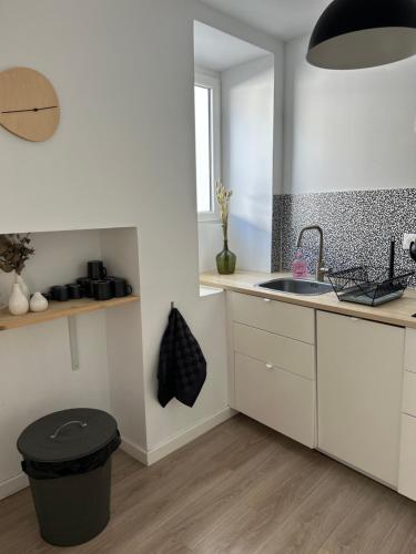 een witte keuken met een wastafel en een vuilnisbak bij La terrasse : Appartement chic 2 chambres au coeur de Pau in Pau