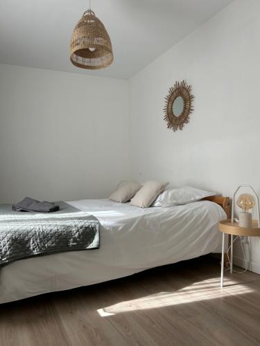 une chambre blanche avec un lit et un miroir dans l'établissement La terrasse : Appartement chic 2 chambres au coeur de Pau, à Pau