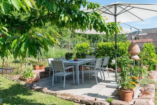 a table and chairs under an umbrella in a garden at FEWO Odenwald in Breuberg