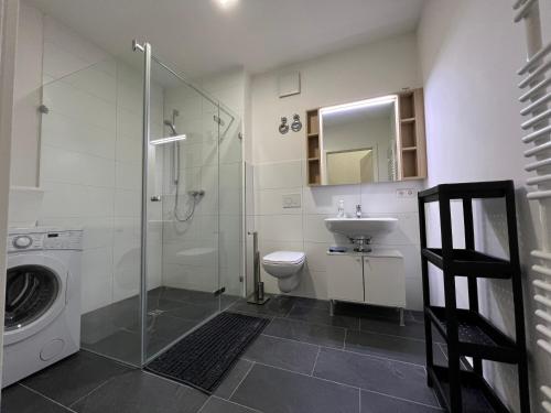 a bathroom with a shower toilet and a sink at Fabella Flats Forchheim in Forchheim