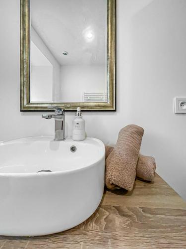 une salle de bain avec un lavabo blanc et un miroir dans l'établissement Douceur de Vivre à Saint-Amand-les-Eaux, à Saint-Amand-les-Eaux