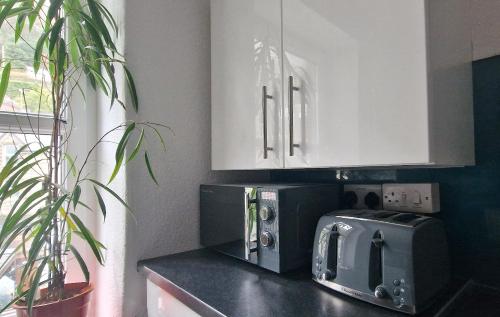 a kitchen counter with a microwave and a toaster oven at The Penthouse NY Loft Apartment in Barmouth