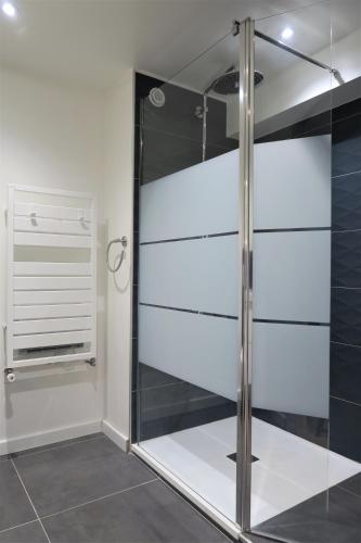 La salle de bains est pourvue d'une cabine de douche avec des portes en verre. dans l'établissement Vitamin Sea, à La Turballe