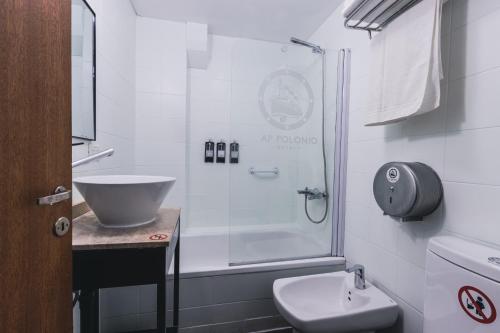 a bathroom with a shower and a sink and a toilet at Hotel Cap Polonio in Ushuaia