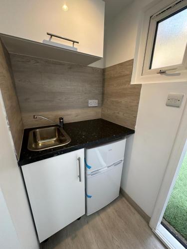 a small kitchen with a sink and a counter top at Single ensuite room in London