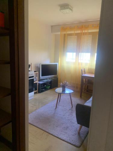 ein Wohnzimmer mit einem TV und einem Tisch in der Unterkunft Villa Cécilia in Lourdes