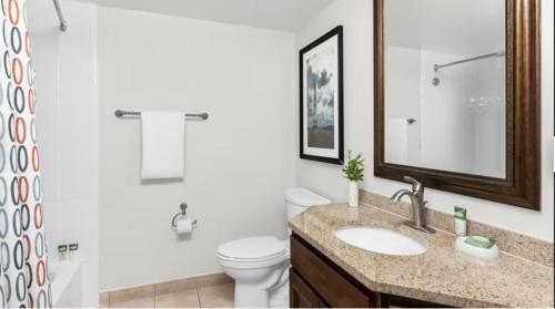 La salle de bains est pourvue d'un lavabo, de toilettes et d'un miroir. dans l'établissement Hotel Aruba, à Palm-Eagle Beach