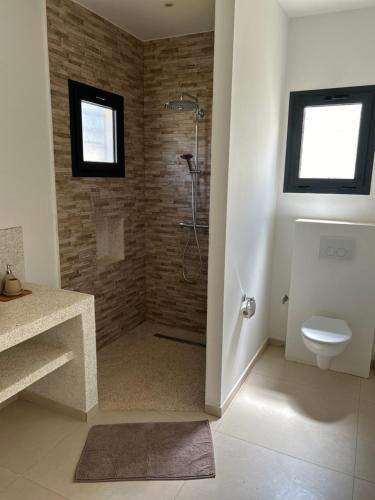 La salle de bains est pourvue d'une douche, de toilettes et d'une fenêtre. dans l'établissement Côté Jardin, à La Somone