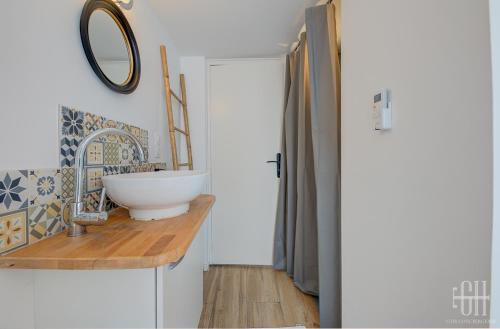 ein Badezimmer mit einem Waschbecken und einem Spiegel auf der Theke in der Unterkunft La Halte 2 in Veigné
