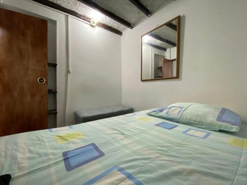 マニサレスにあるHabitación Manizales #2のベッドルーム1室(ベッド1台、壁掛け鏡付)