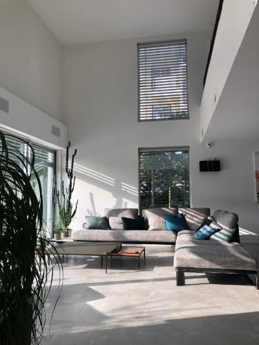 un salon avec deux canapés dans une pièce dans l'établissement LA VILLA KORLEA AVEC PISCINE AIX LES BAINS, à Aix-les-Bains