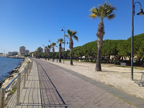 un trottoir avec des palmiers à côté de l'eau dans l'établissement Chloe's Rooms, à Cagliari