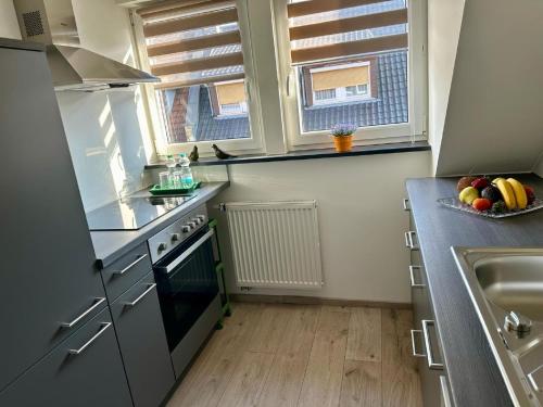 a kitchen with a sink and a stove top oven at Ferienwohnungen GoJa in Bad Königshofen im Grabfeld