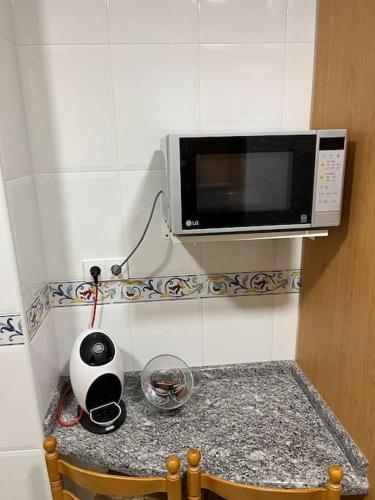 a kitchen counter with a microwave on top of it at Apartamentos Costa Blanca in Playa de Gandia