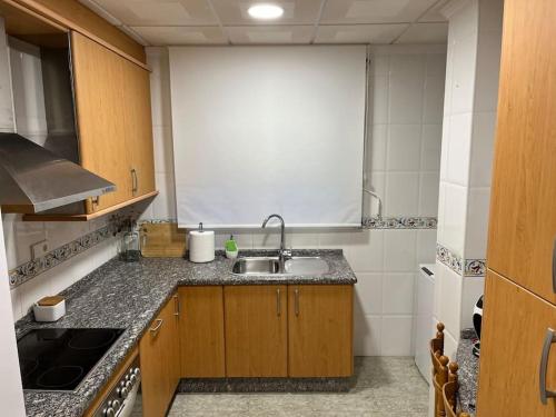 a small kitchen with a sink and a refrigerator at Apartamentos Costa Blanca in Playa de Gandia