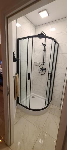 a bathroom with a shower with a bike on the wall at Versatile Apartment-Unique Design in Warsaw