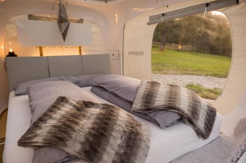 a bed in the back of a van with two faux fur pillows at Chalet Sternenzauber in Waasen