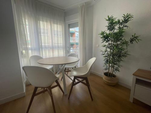 uma sala de jantar com mesa e cadeiras e uma planta em Precioso alojamiento céntrico con garaje, terraza y aire acondicionado em Albacete