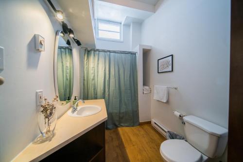 een badkamer met een wastafel, een toilet en een spiegel bij Le loft Charlotte 2 in Québec