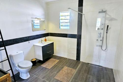 een badkamer met een toilet, een douche en een wastafel bij Maison Haut-calme avec jacuzzi in Le Tampon