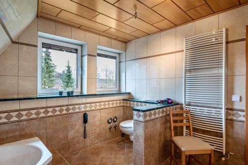 La salle de bains est pourvue de toilettes et d'un lavabo. dans l'établissement Ferienwohnung Krakow am See, à Krakow am See